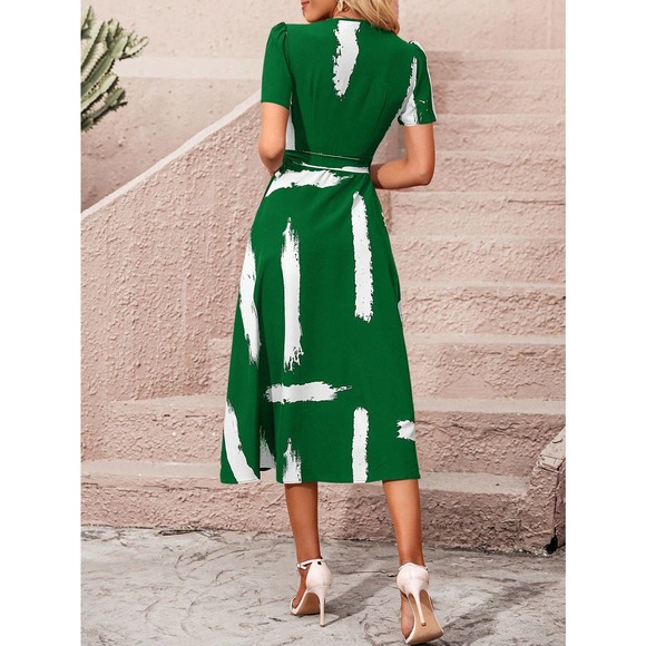 minimalist Brush Print Knot Side Wrap midi Dress black white - Picture 5 of 12